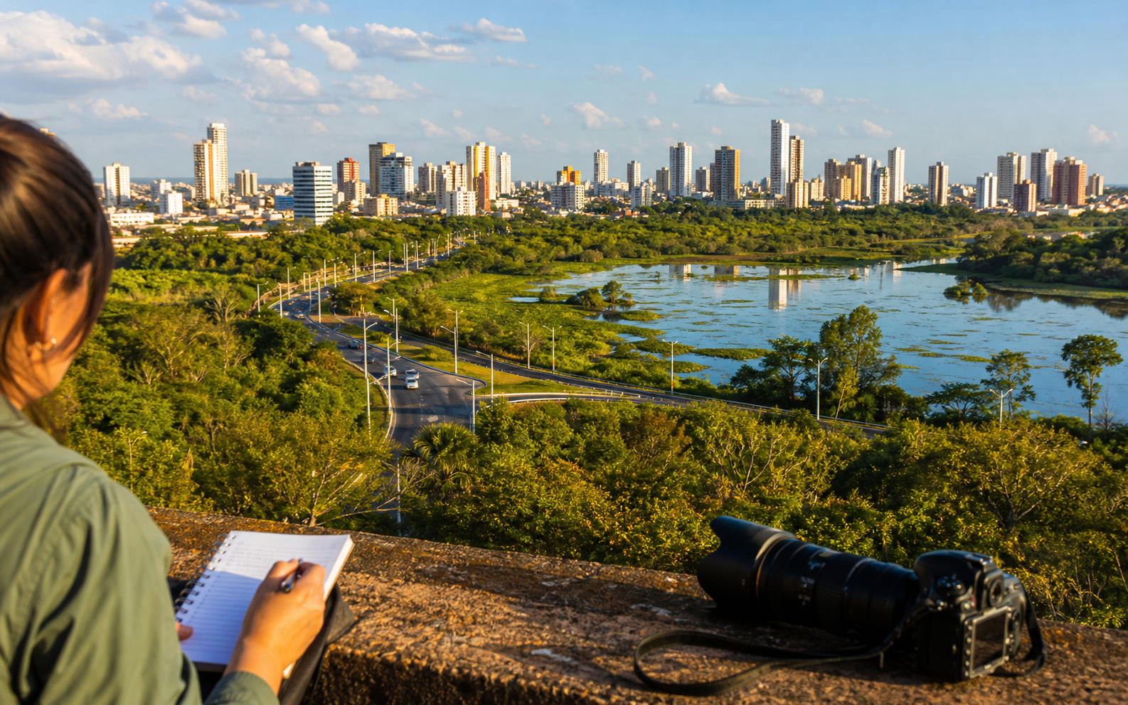 Vista editorial de Mato Grosso com cidade, Pantanal e Cerrado